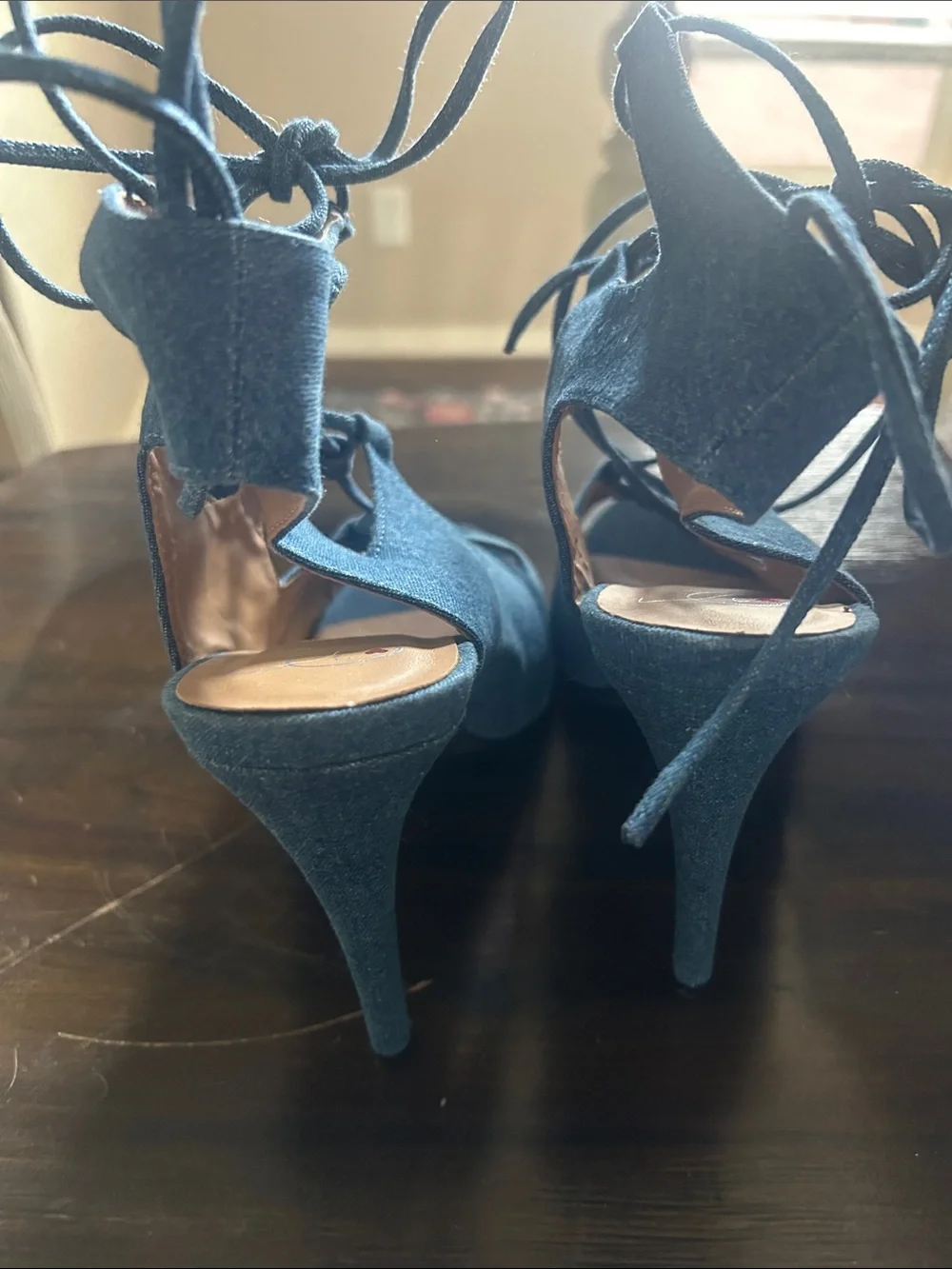 Denim-Blue Lace Cutout Tie-Heel Sandals